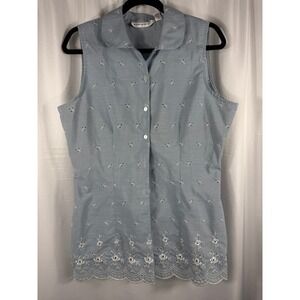 A Line Anne Klein Blue Sleeveless Button Up Top‎ Eyelet Embroidered Size 12